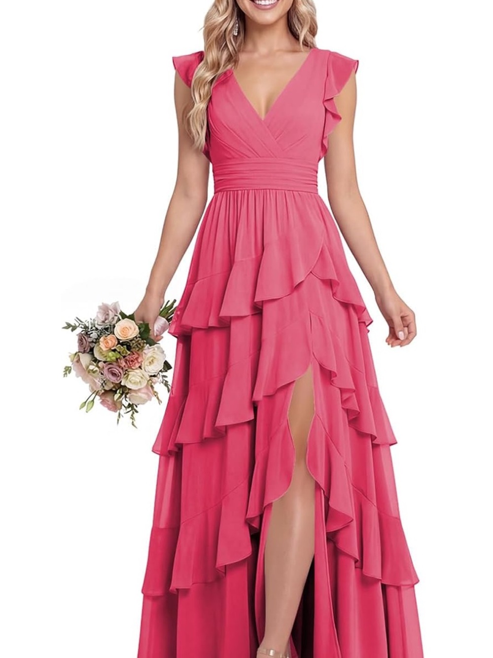 Flutter Sleeve Ruffled V-Neck Maxi Dress in Pink